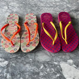 Havaianas Slim Strap Printed Flip Flops Set of 2 Orange Pink US6